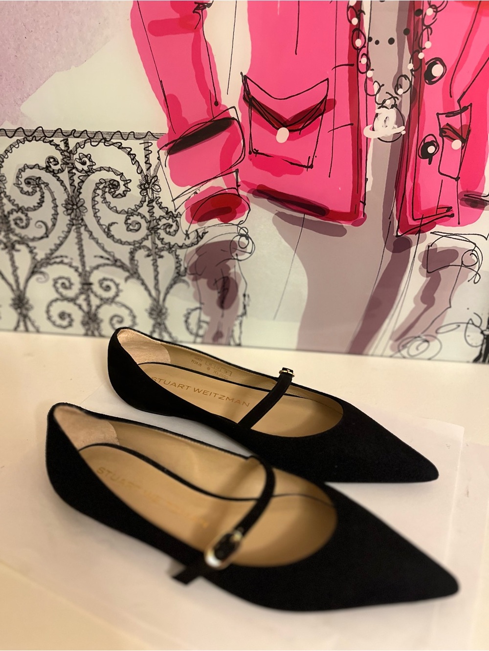 Stuart Weitzman Black Suede Pointed Emilia Mary Jane Flats - Size 4B
